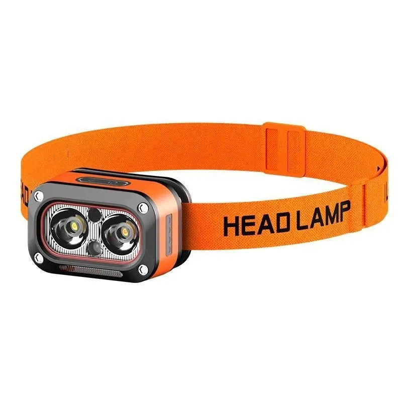 lampe frontale led orange avec double faisceau pour camping ou course outdoor