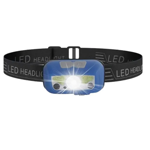 Lampe frontale LED rechargeable bleue, légère et puissante pour randonnée et camping.