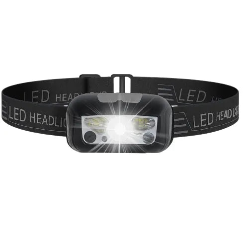 Lampe frontale LED rechargeable noire, légère et puissante pour randonnée et camping.