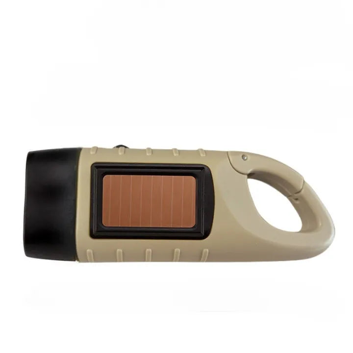 Présentation en vue latérale d’une lampe solaire beige équipée d’un panneau solaire rectangulaire et corps ergonomique.