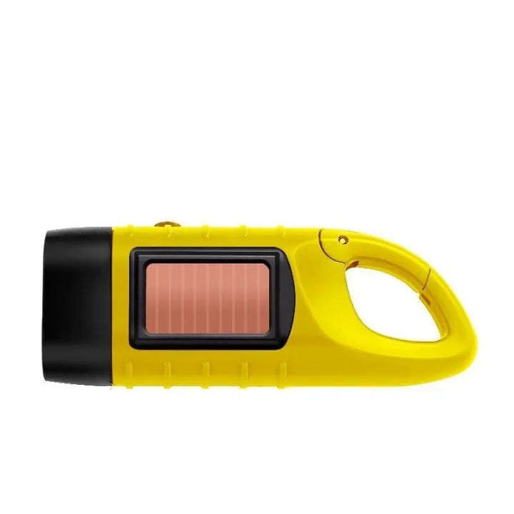  Vue latérale d’une lampe torche solaire compacte jaune avec panneau photovoltaïque intégré et poignée de transport.