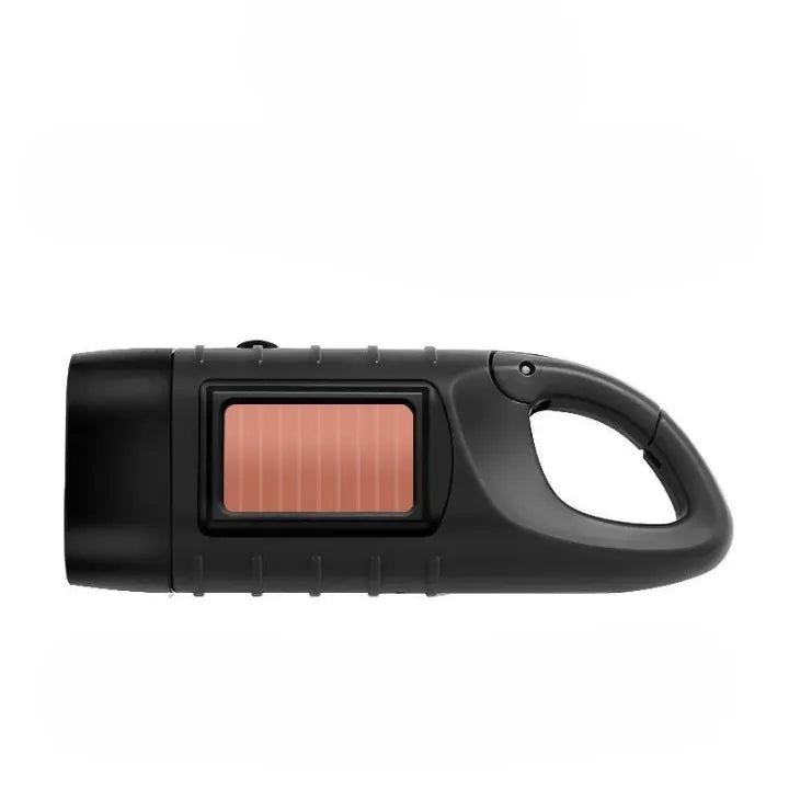 Lampe torche compacte à énergie solaire de couleur noire, idéale pour la randonnée et les activités de plein air grâce à son mousqueton intégré. 