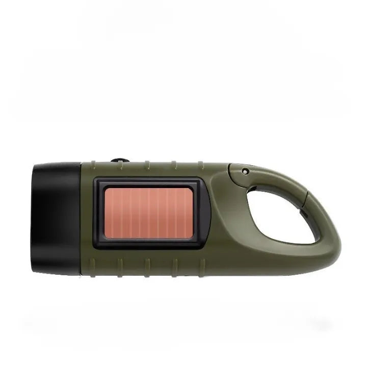 lampe torche solaire kaki conçue pour la randonnée et l’usage outdoor, affichée en profil gauche.