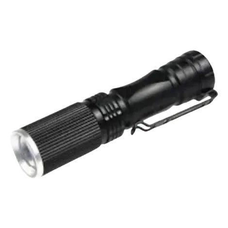 Lampe torche stylo 5 W compacte et robuste avec clip de fixation, idéale pour la randonnée, le bivouac et le camping.