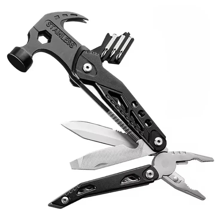 Marteau multifonction portable avec griffes, couteau, pince et tournevis, équipement de camping et de survie pour la randonnée.