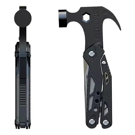 Marteau multifonction portable en position fermée et vue de profil, outil compact pour le camping, la randonnée et le bivouac.