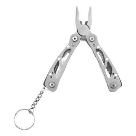 Mini pince multifonction en acier avec porte-clés, 10 fonctions dont couteau, tournevis et lime, parfaite pour le bivouac, le trekking et le camping.