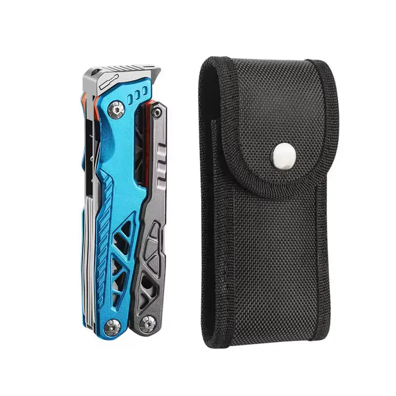Outil multifonction pliant pour camping avec étui bleu.