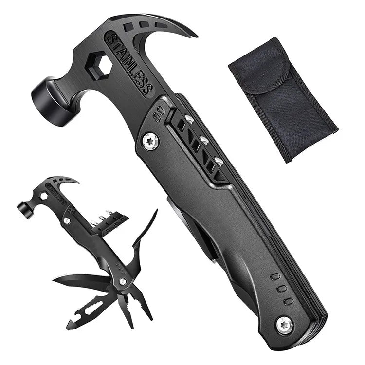  Ensemble marteau multifonction noir avec étui de rangement et outils intégrés.