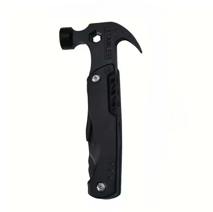  Marteau multifonction pliant en acier inoxydable avec poignée ergonomique noire.