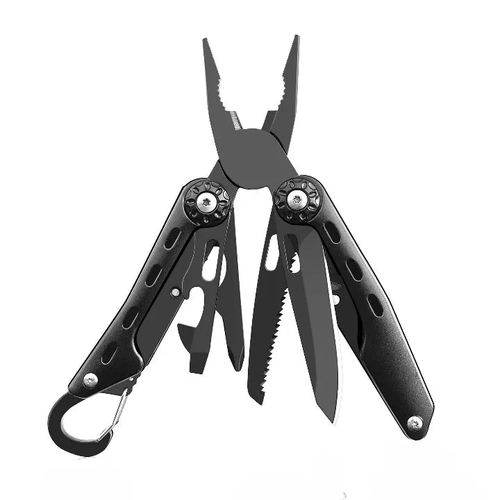 Outil multifonction noir ouvert avec pince, lame et scie intégrées, idéal pour le bushcraft