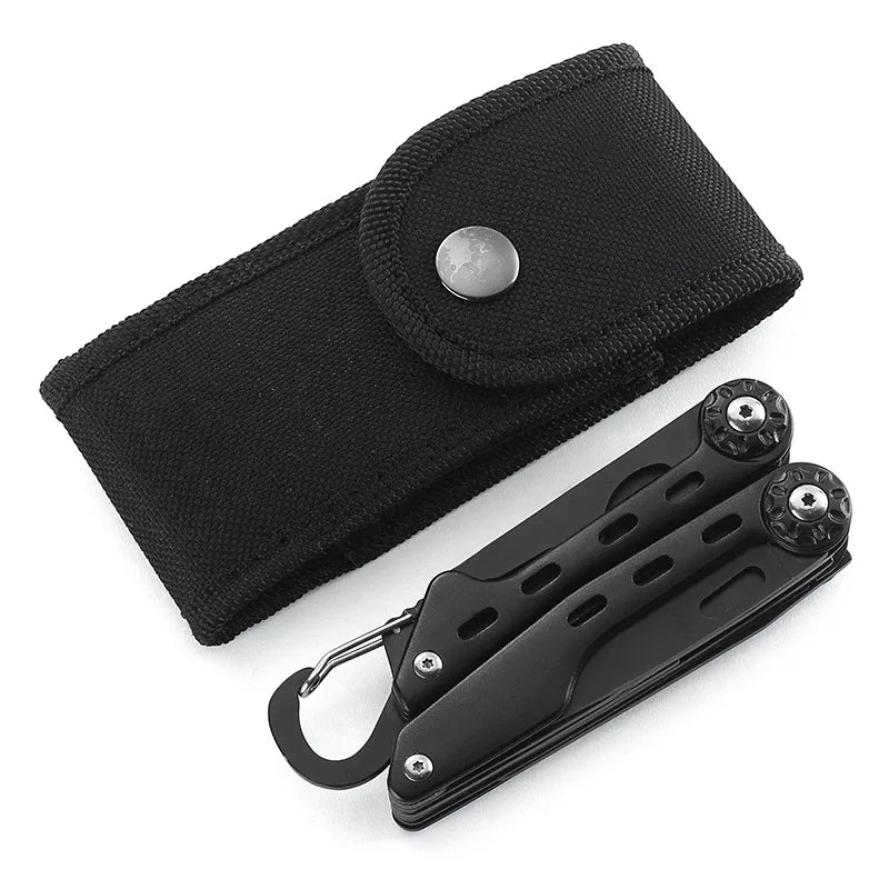 Pince multifonction noire repliée avec mousqueton et housse de transport en nylon