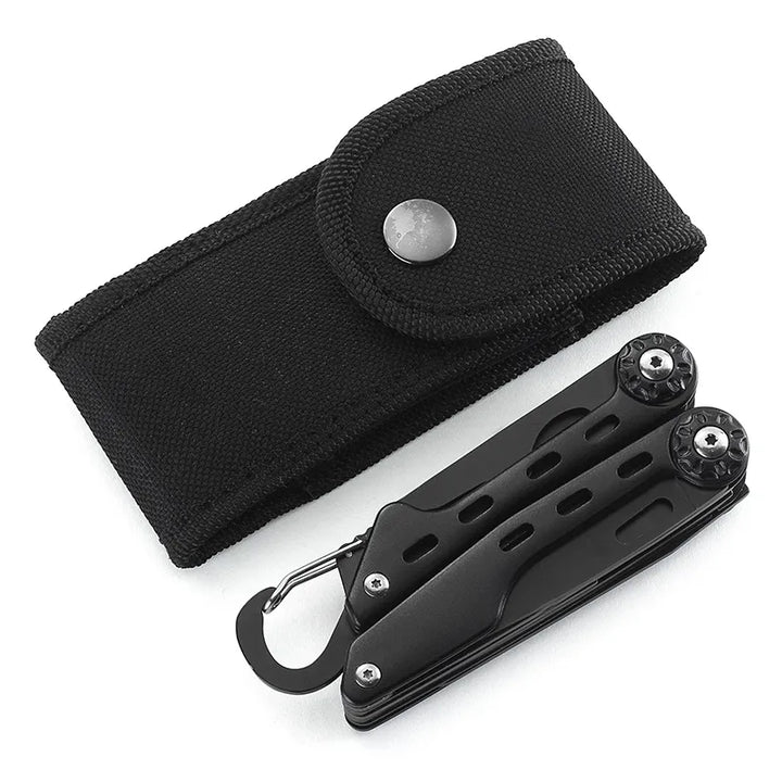 Pince multifonction noire repliée avec mousqueton et housse de transport en nylon