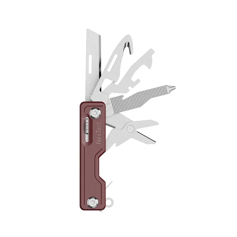 Outil multifonction pliable rouge avec lame, tournevis, lime et décapsuleur pour randonnée ou bivouac