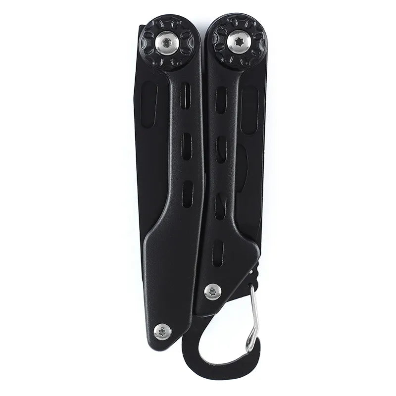 Outil multifonction pliant noir pour bushcraft avec mousqueton intégré