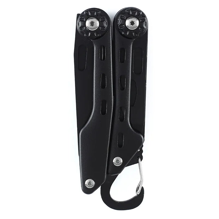 Outil multifonction pliant noir pour bushcraft avec mousqueton intégré