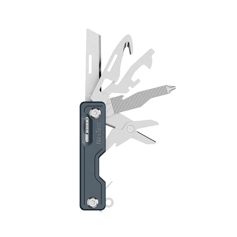 Outil multifonction pliant gris polyvalent pour bushcraft et bivouac