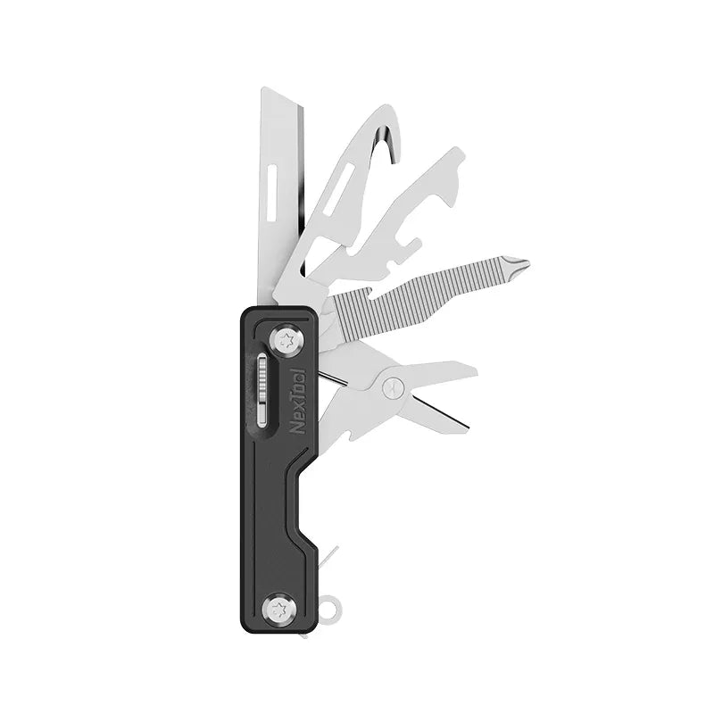 Outil multifonction pliant noir avec lames et accessoires pour randonnée et camping