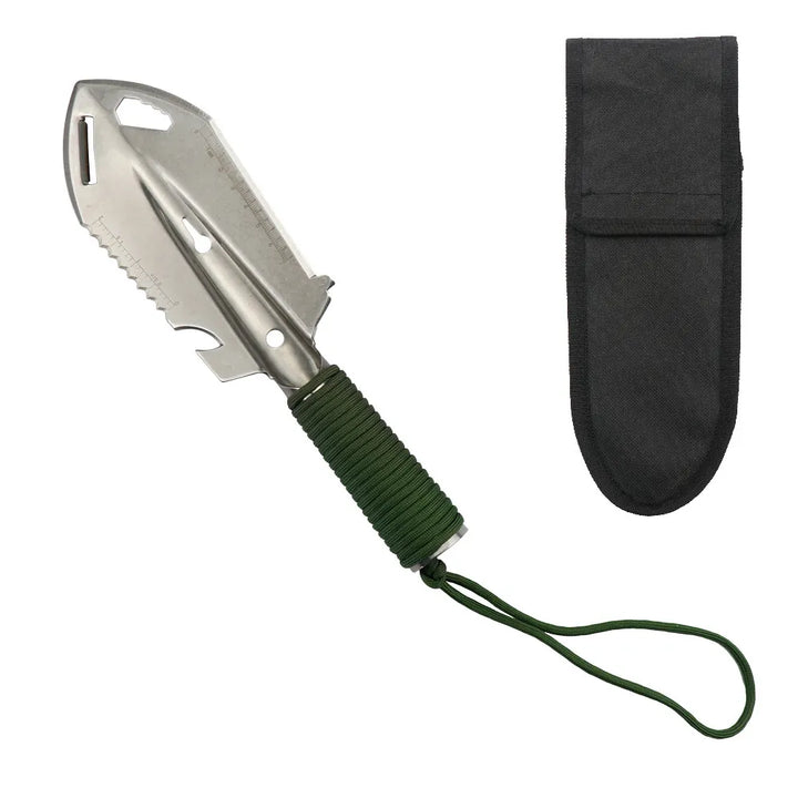 Outil multifonction de survie en acier, manche vert avec étui, idéal pour bushcraft et randonnée