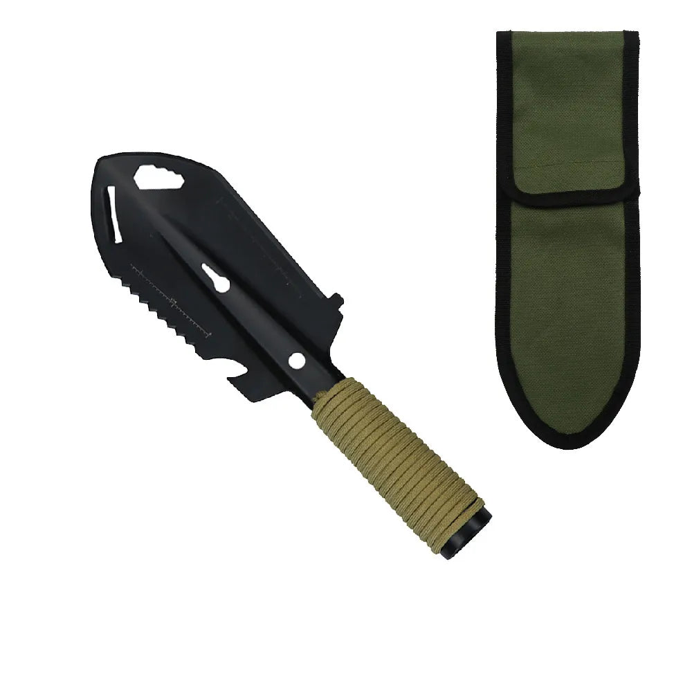 Outil de survie multifonction noir, poignée beige en paracorde, avec étui robuste