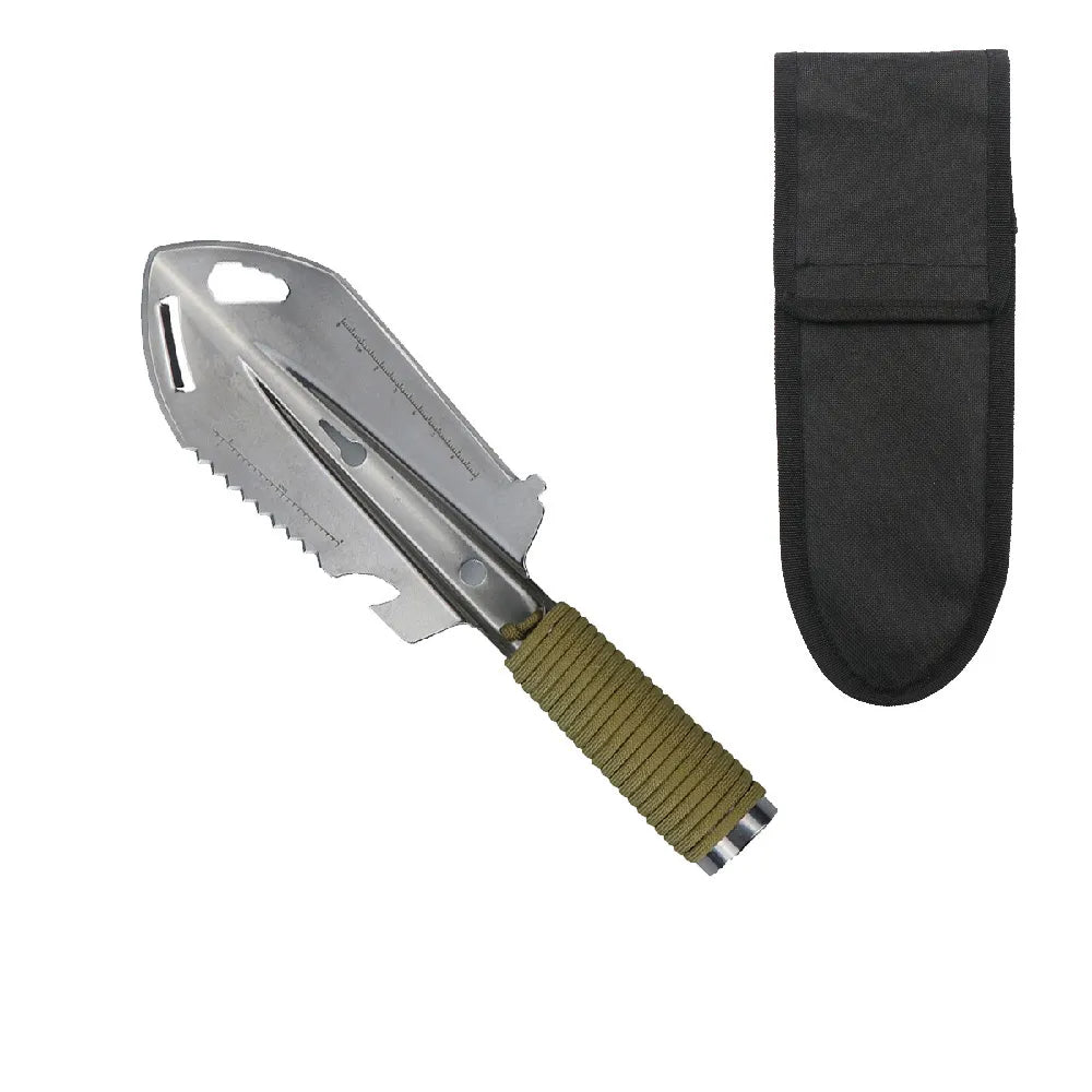Outil de survie multifonction avec lame, scie, ouvre-bouteille et poignée kaki, idéal pour la randonnée ou le bivouac