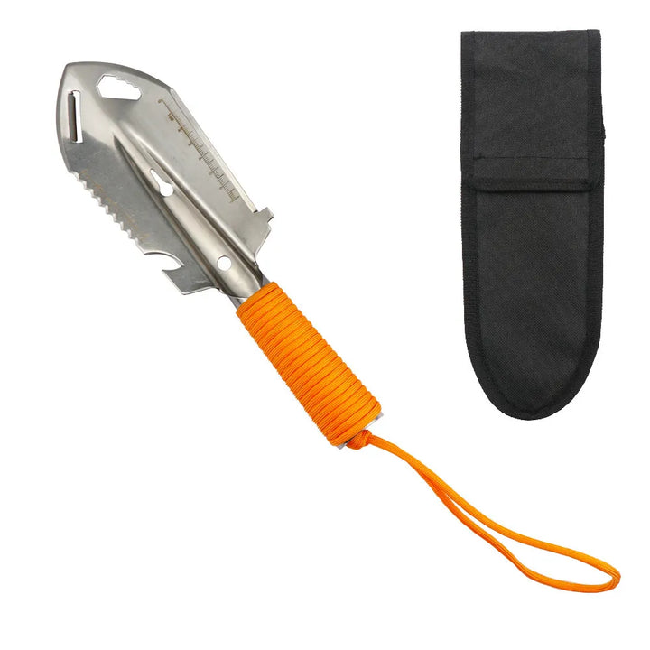 Outil de survie polyvalent avec poignée orange, conçu pour le camping et les activités outdoor extrêmes