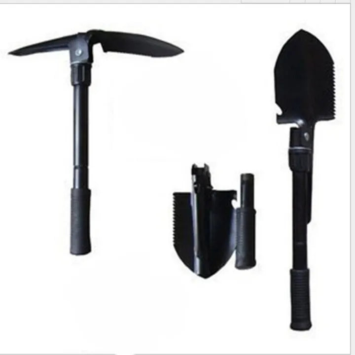 Outil de survie pliant couleur noire avec pelle et pioche intégrées, idéal pour le bushcraft et la randonnée.