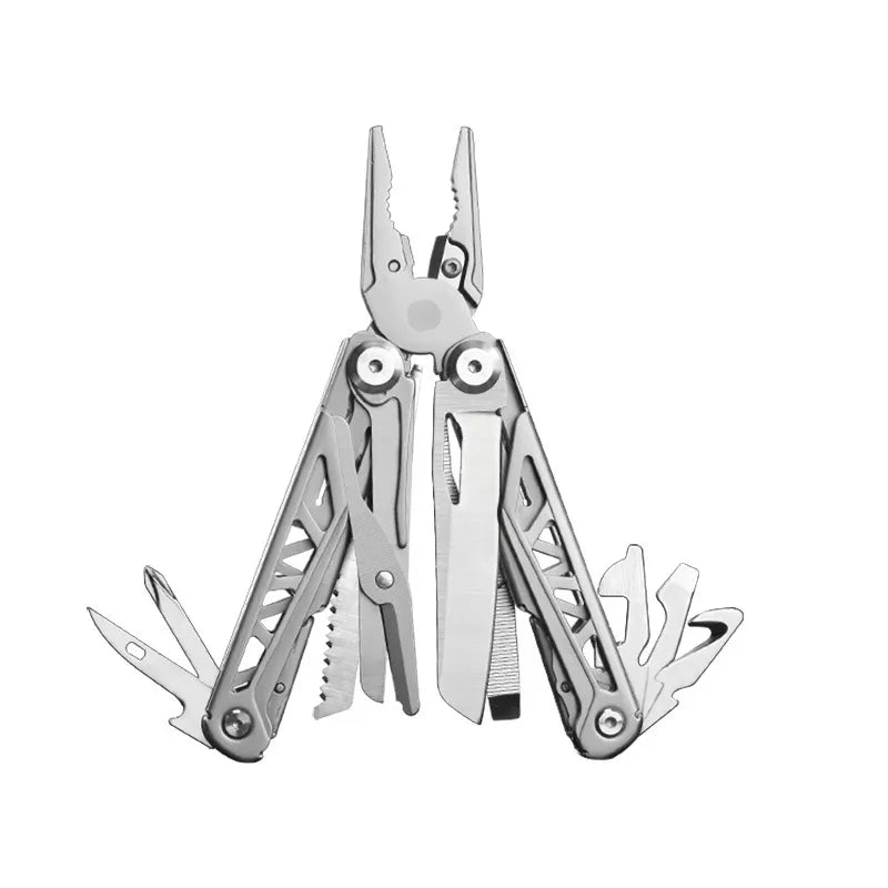 Pince multifonction en acier inoxydable avec outils intégrés pour bivouac et randonnée.
