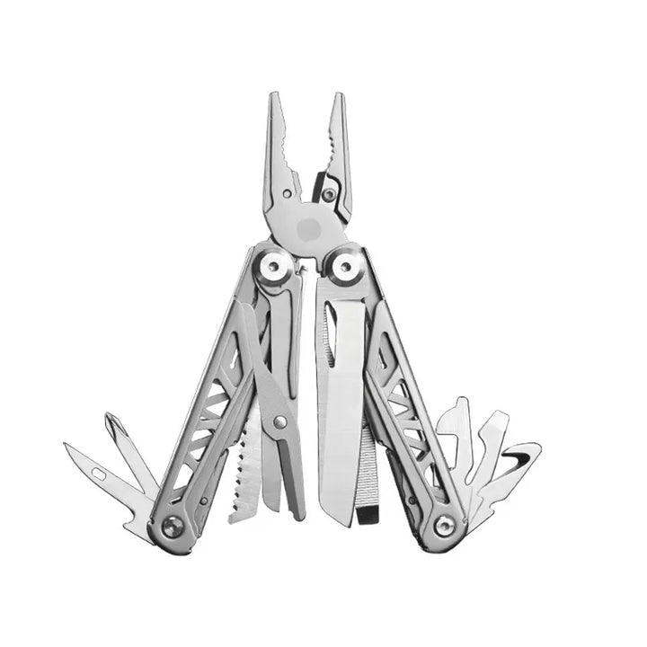 Pince multifonction en acier inoxydable avec outils intégrés pour bivouac et randonnée.