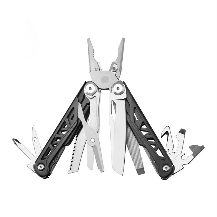 Pince multifonction outdoor noire avec outils intégrés pour les activités de survie.