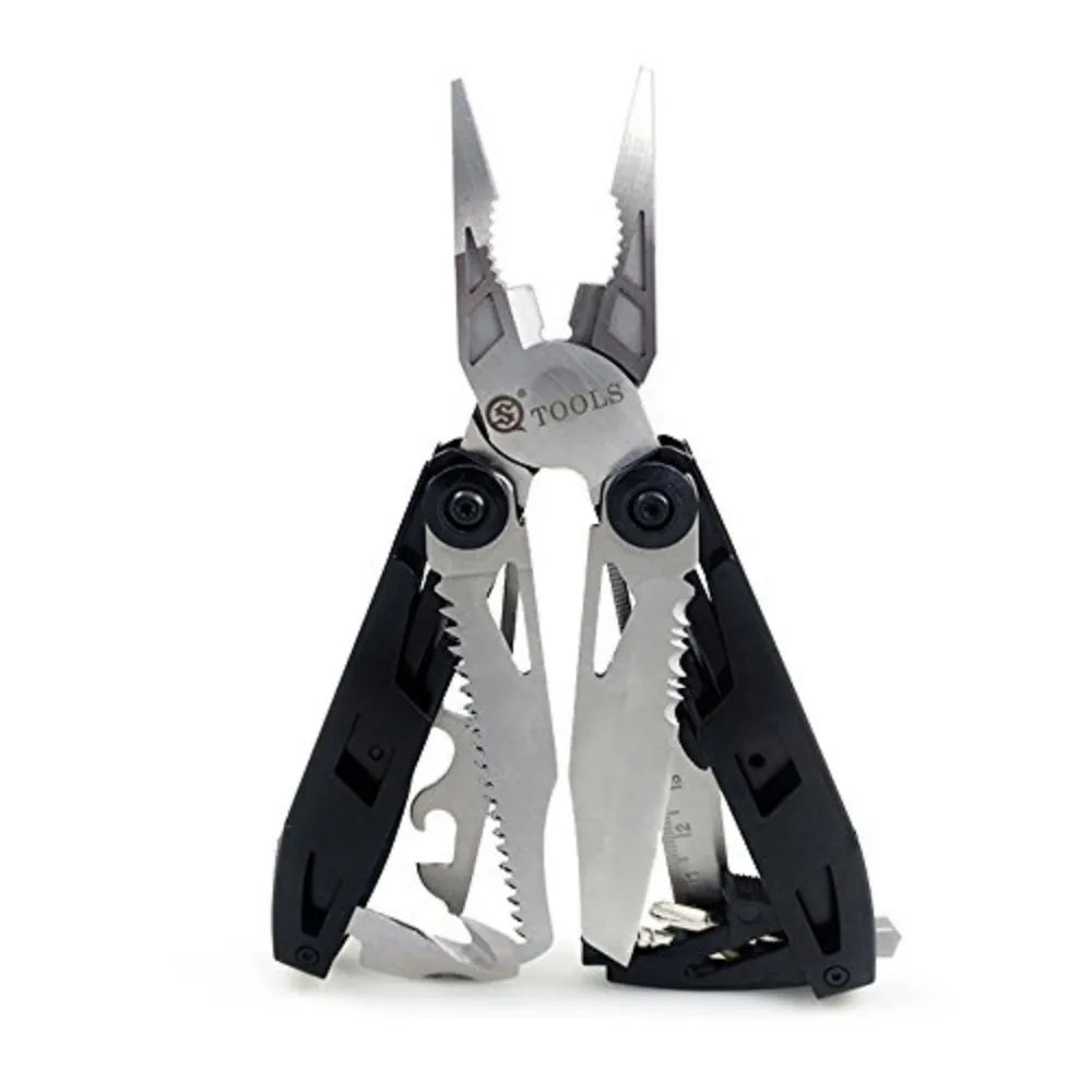 Outil multifonction compact avec pinces et lames, idéal pour le camping et l’outdoor