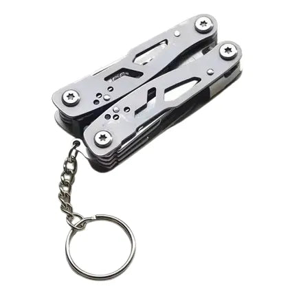 Pince multifonction compacte fermée en acier inoxydable avec porte-clés, outil polyvalent pour la randonnée, le camping et l’équipement de survie.