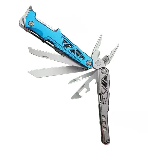  Pince multifonction ouverte avec plusieurs outils déployés, manche bleu et gris.
