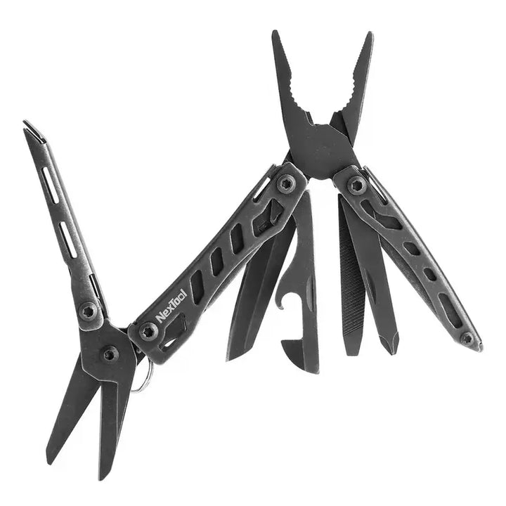 Pince multifonction pliante NexTool noire avec outils déployés.
