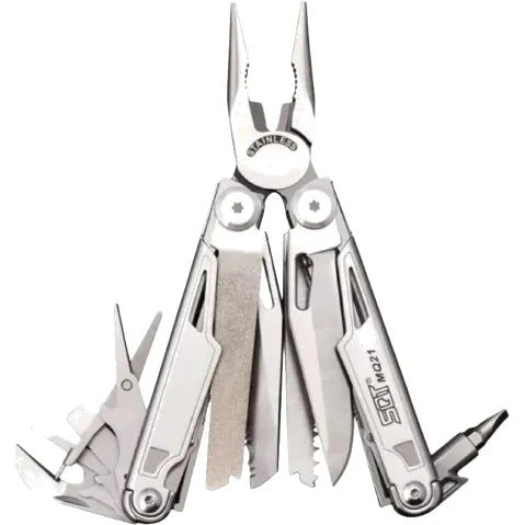 Pince multifonction 18 en 1 en acier inoxydable, outil compact et polyvalent idéal pour camping, survie et randonnée.