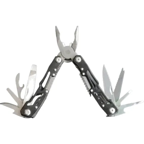 Pince multifonction 14 en 1 avec manche noire, couteau pliant compact pour camping, bivouac et survie.
