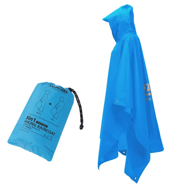 Poncho imperméable bleu pour camping et randonnée, design 3-en-1 avec sac de rangement intégré