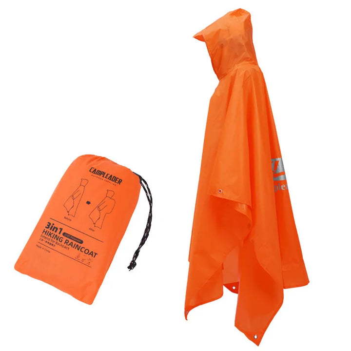 Poncho imperméable orange multifonction pour la randonnée, protection pluie avec housse de transport