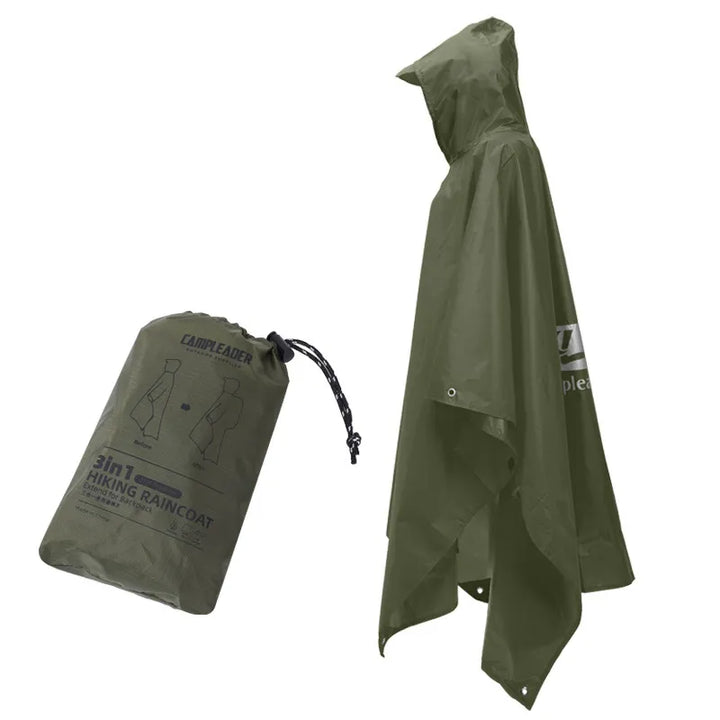 alt="Poncho kaki imperméable CampLeader pour randonnée et outdoor, pliable avec pochette"