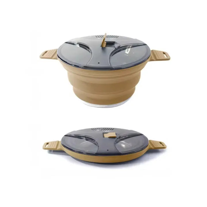 popote de randonnée repliée en silicone beige avec couvercle rigide, idéale pour le gain de place