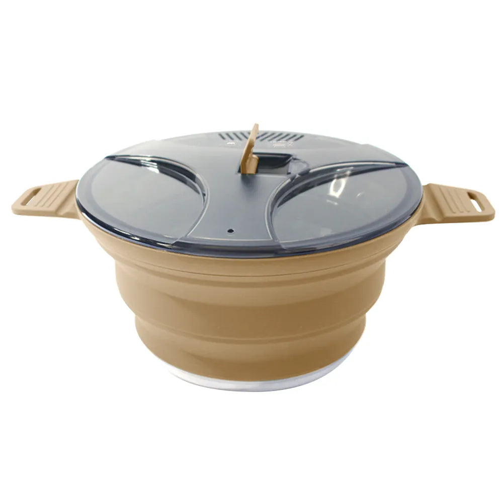 popote pliable en silicone beige pour camping et randonnée, avec poignées et couvercle compartimenté