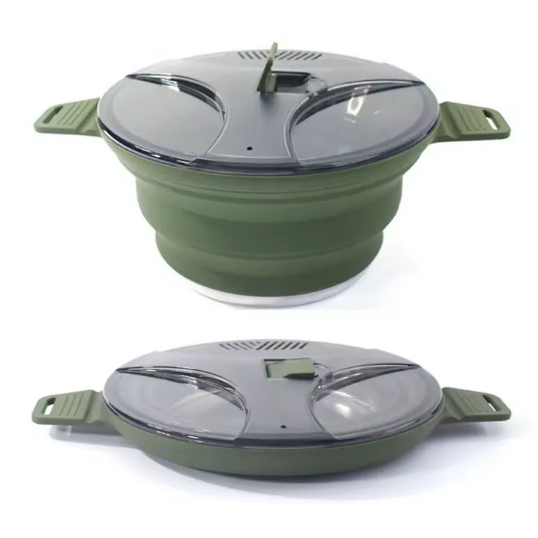 popote outdoor en silicone vert repliée avec couvercle verrouillable pour cuisson en bivouac