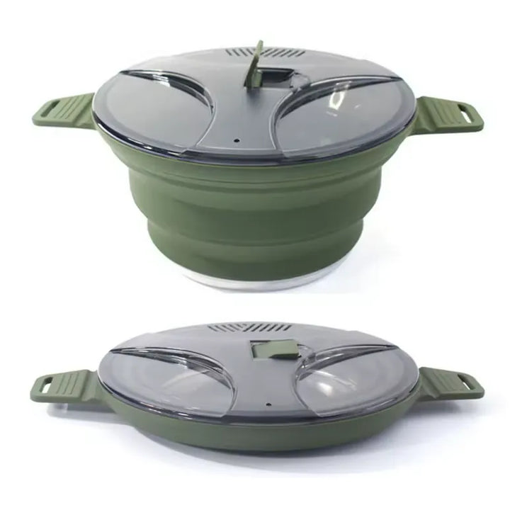 popote outdoor en silicone vert repliée avec couvercle verrouillable pour cuisson en bivouac