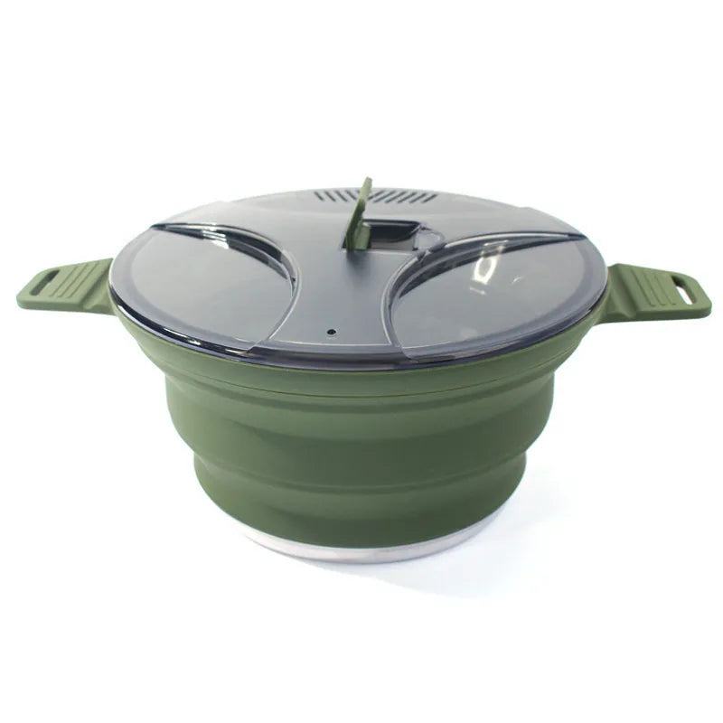  popote de camping pliable en silicone vert, avec poignées résistantes et couvercle à double compartiment