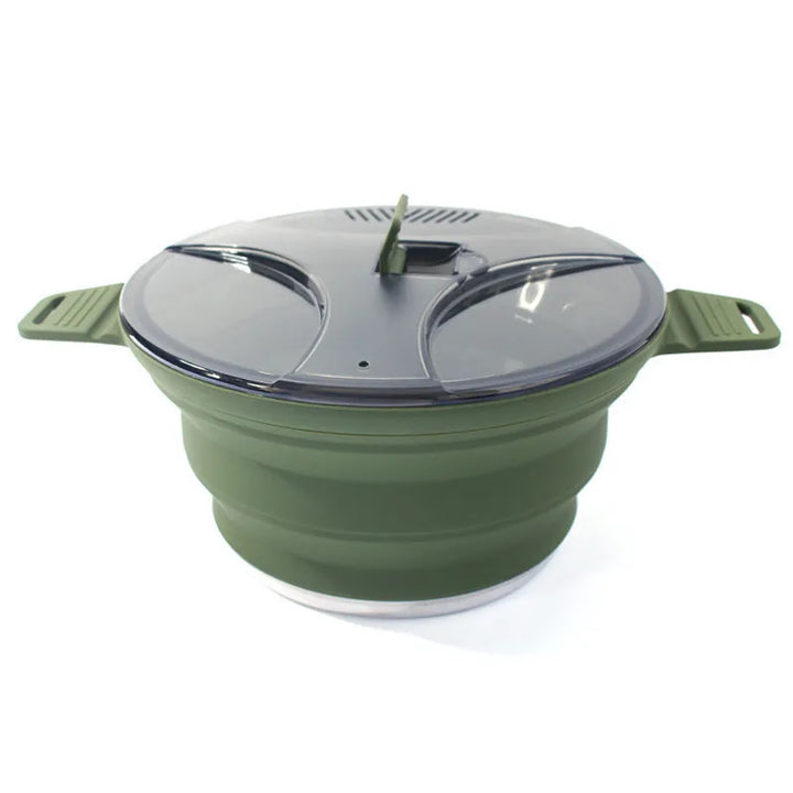  popote de camping pliable en silicone vert, avec poignées résistantes et couvercle à double compartiment