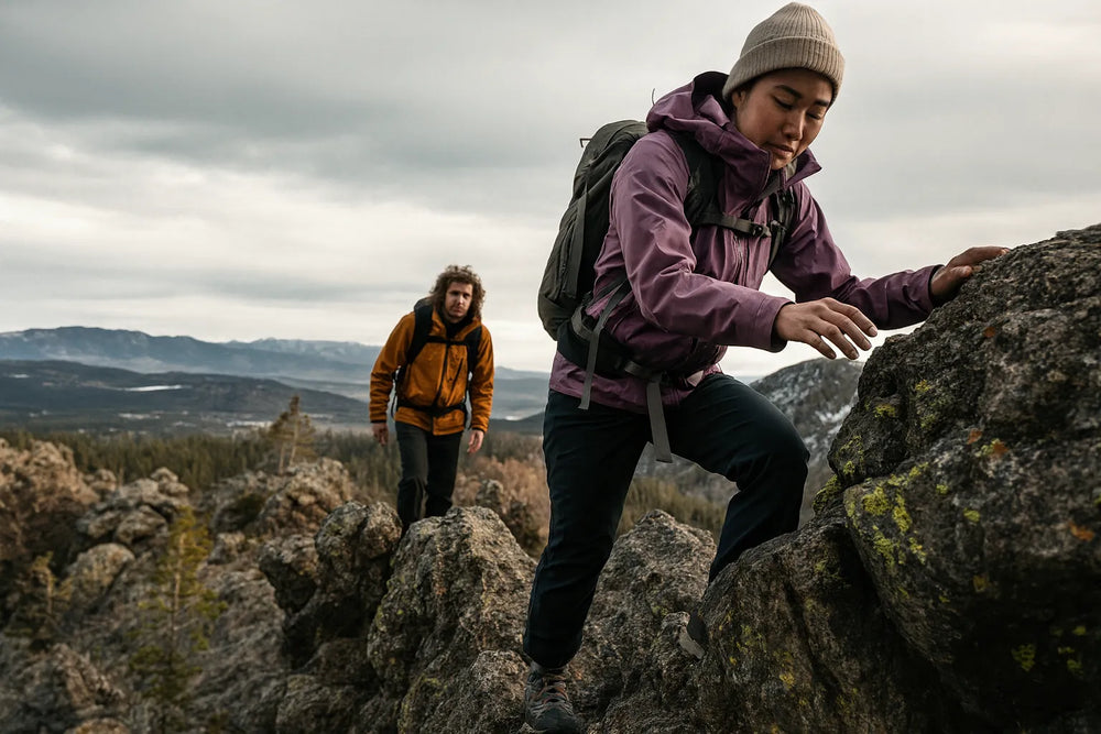 Deux randonneurs progressent sur des rochers en montagne, l’un grimpant avec appui des mains et l’autre suivant derriere.