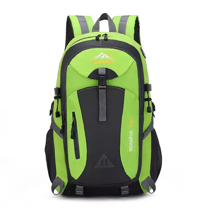Sac à dos vert fluo 40L pour randonnée et trekking avec attaches renforcées.