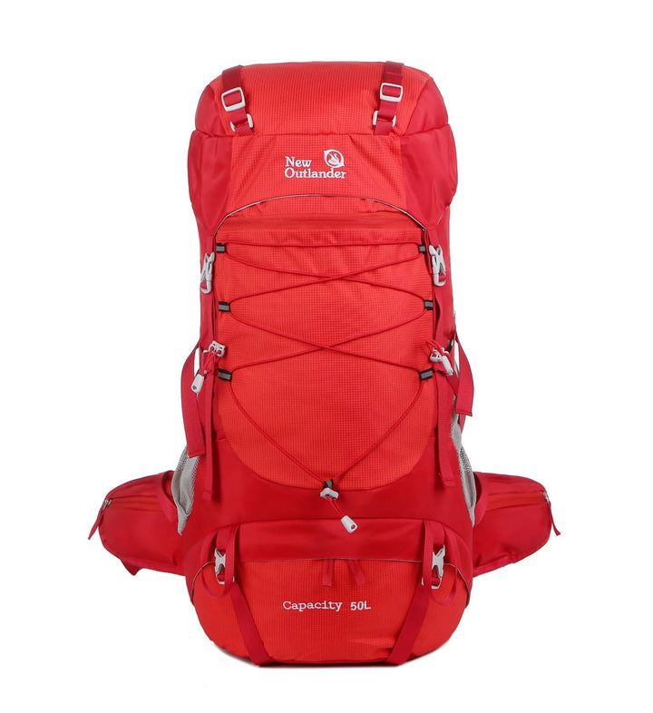 Sac à dos trekking 50l rouge ergonomique marque new outlander avec rangements multiples.