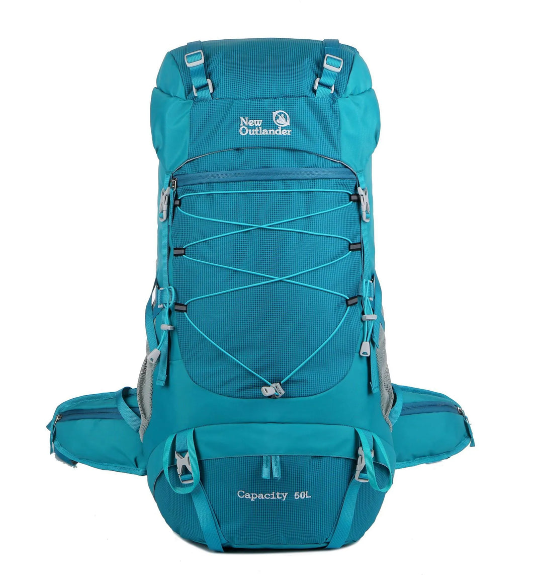 Sac à dos randonnée 50 litres turquoise new outlander avec attaches extérieures et poches latérales.