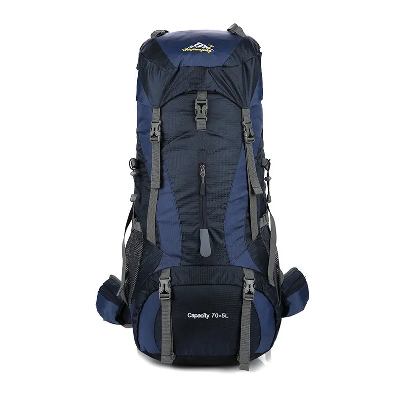  Sac à dos de randonnée 70L bleu marine avec renforts dorsaux ergonomiques.